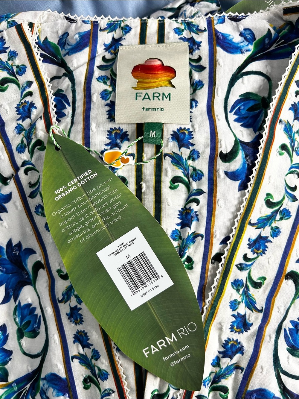 NWT Farm Rio Off-White Flora Tile Smocked Blouse, size Medium - Picture 5 of 6